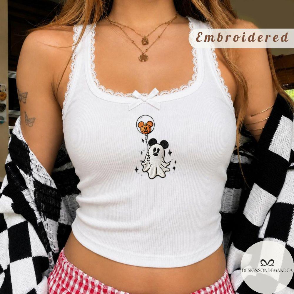 Embroidered Mickey Spooky Ghost Halloween Shirt With Pumpkin Balloon Lace Trim Tank Top Baby Tee for WDW Disneyland Trip - photo 3