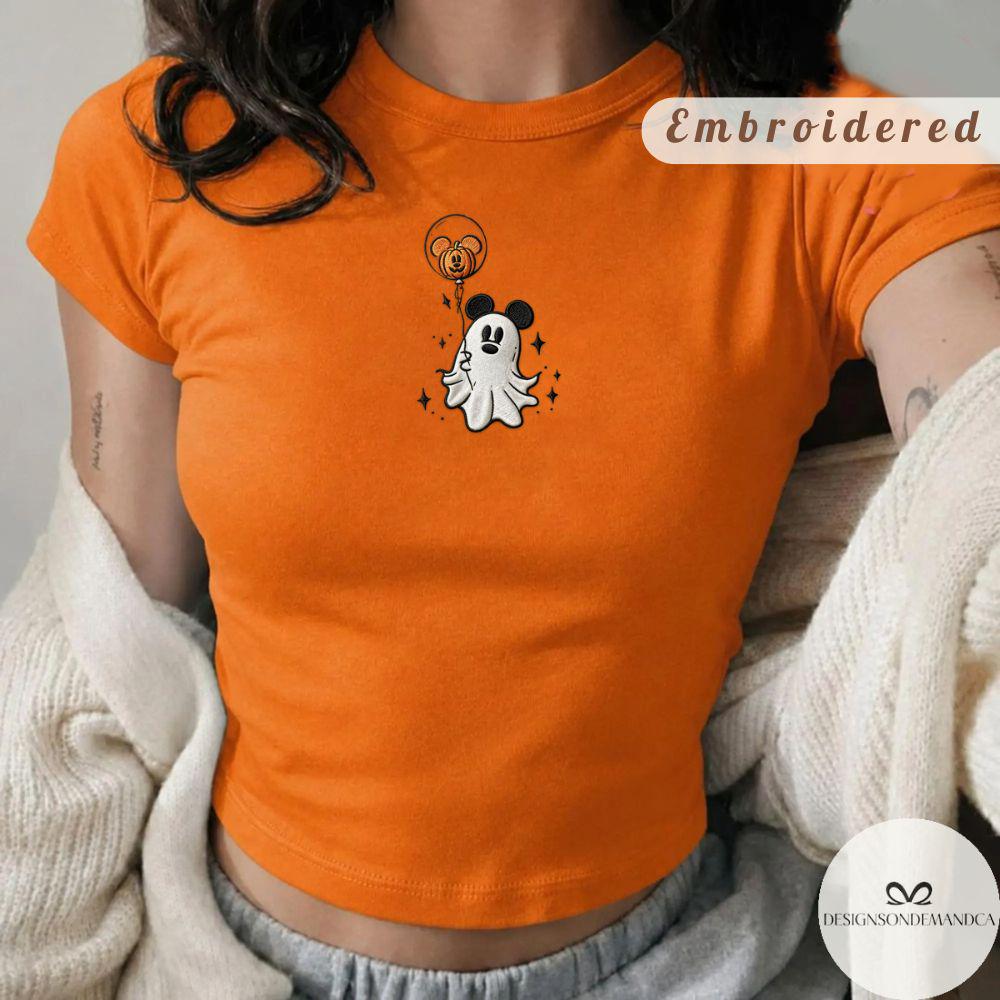 Embroidered Mickey Spooky Ghost Halloween Shirt With Pumpkin Balloon Lace Trim Tank Top Baby Tee for WDW Disneyland Trip - photo 5