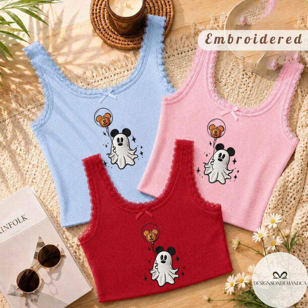 Embroidered Mickey Spooky Ghost Halloween Shirt With Pumpkin Balloon Lace Trim Tank Top Baby Tee for WDW Disneyland Trip - photo 6