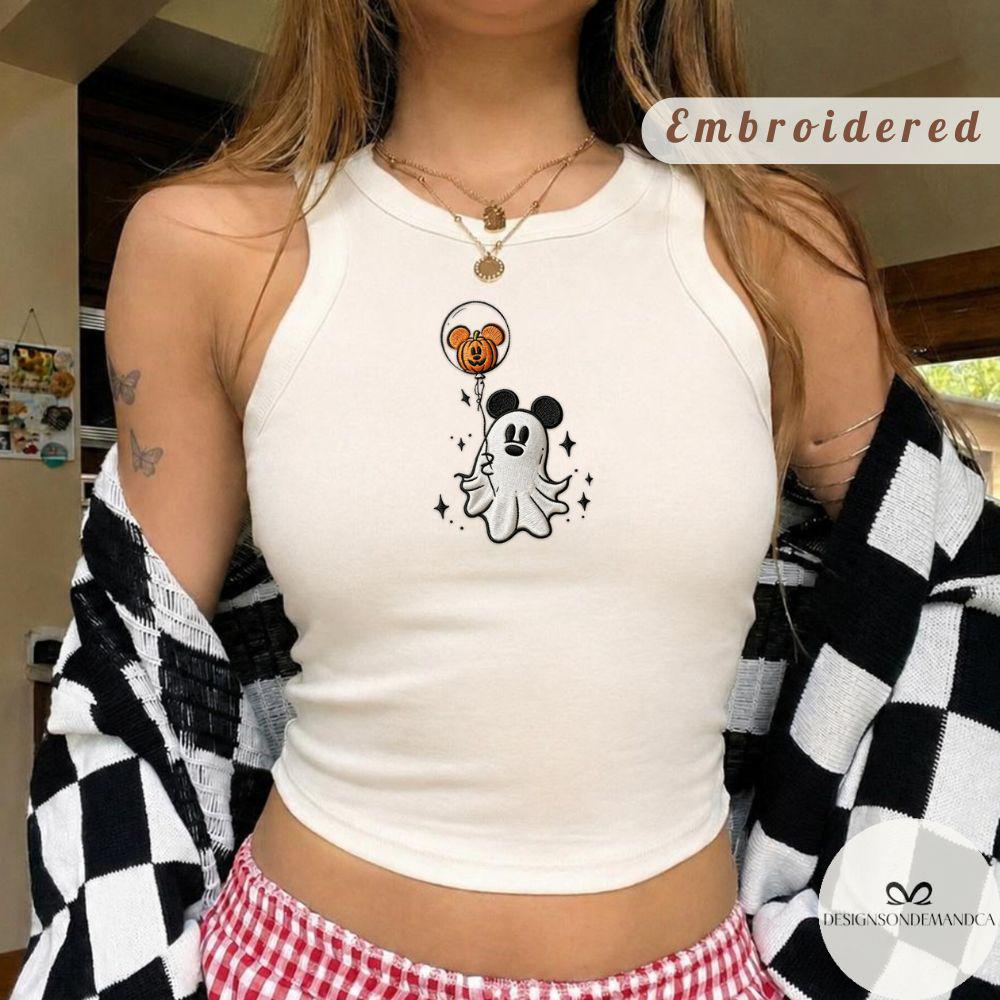 Embroidered Mickey Spooky Ghost Halloween Shirt With Pumpkin Balloon Lace Trim Tank Top Baby Tee for WDW Disneyland Trip - photo 7