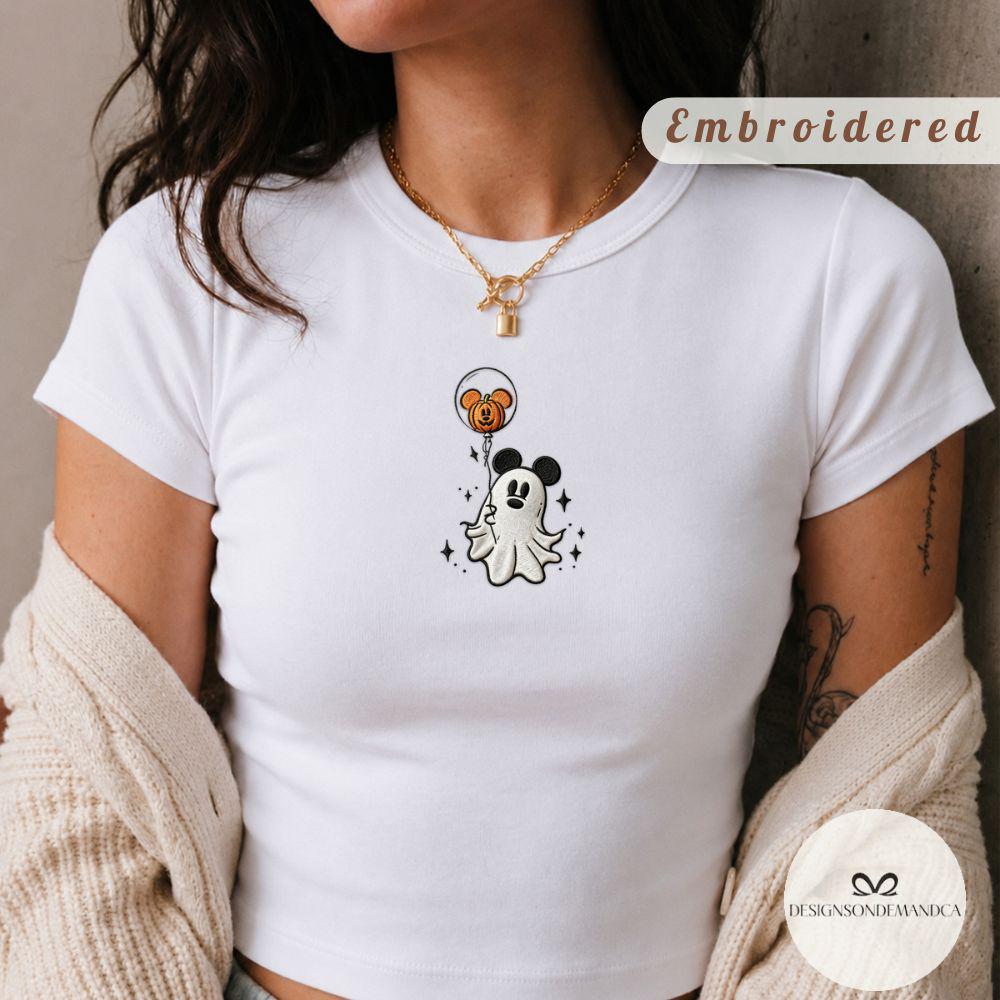 Embroidered Mickey Spooky Ghost Halloween Shirt With Pumpkin Balloon Lace Trim Tank Top Baby Tee for WDW Disneyland Trip - photo 14