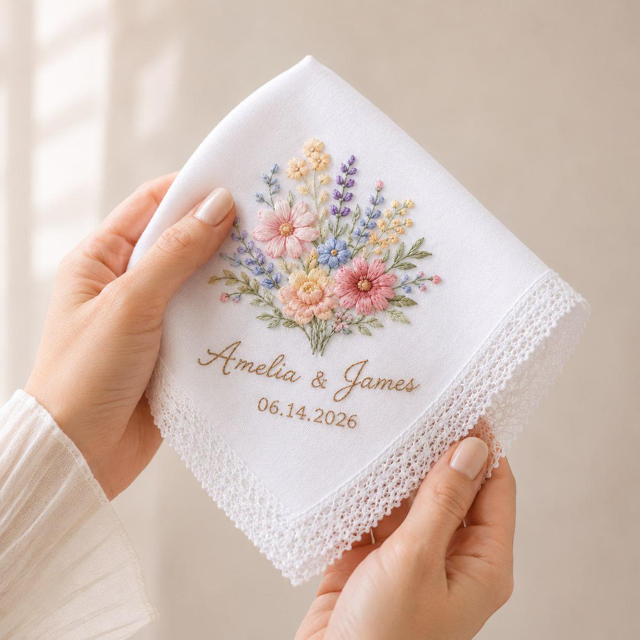 Personalized Custom Embroidered Floral Bridal Handkerchief And Hankie – Wedding Keepsake Present For Bride, Groom, And Couple Shower Gift