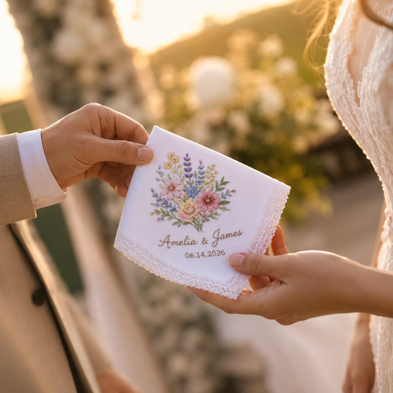 Personalized Custom Embroidered Floral Bridal Handkerchief And Hankie – Wedding Keepsake Present For Bride, Groom, And Couple Shower Gift - photo 2