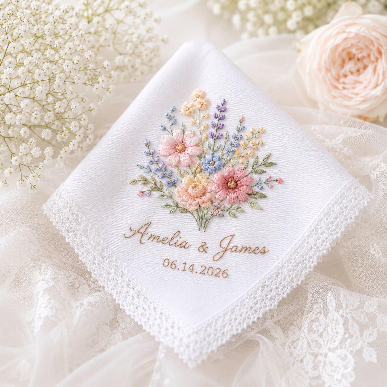 Personalized Custom Embroidered Floral Bridal Handkerchief And Hankie – Wedding Keepsake Present For Bride, Groom, And Couple Shower Gift - photo 3