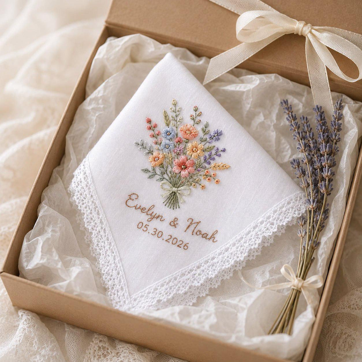 Personalized Custom Embroidered Floral Bridal Handkerchief And Hankie – Wedding Keepsake Present For Bride, Groom, And Couple Shower Gift - photo 5