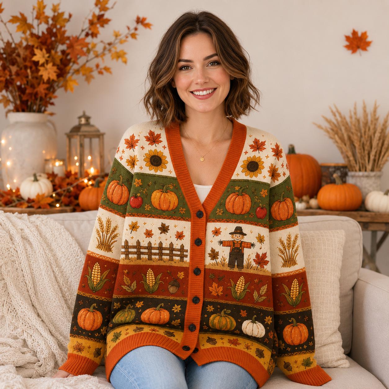 Fall Harvest Cardigan with Spooky Season Knit Sweater and Thanksgiving Autumn Cozy Trick Treat Women Seasonal s