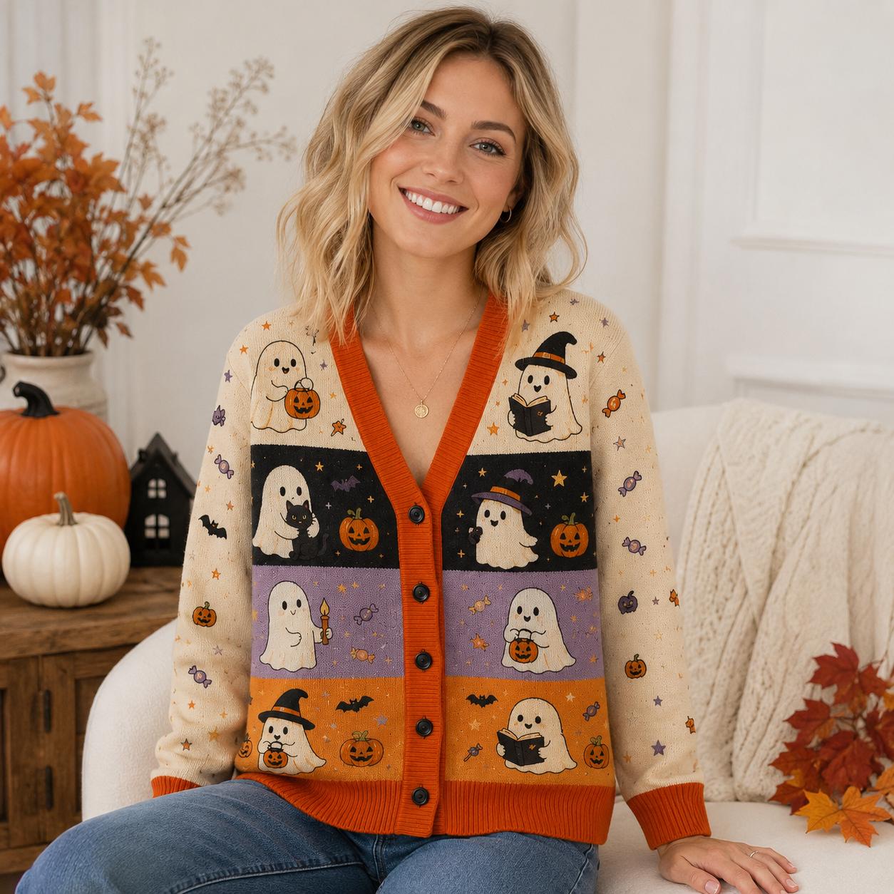 Fall Harvest Cardigan with Spooky Season Knit Sweater and Thanksgiving Autumn Cozy Trick Treat Women Seasonal s - photo 3