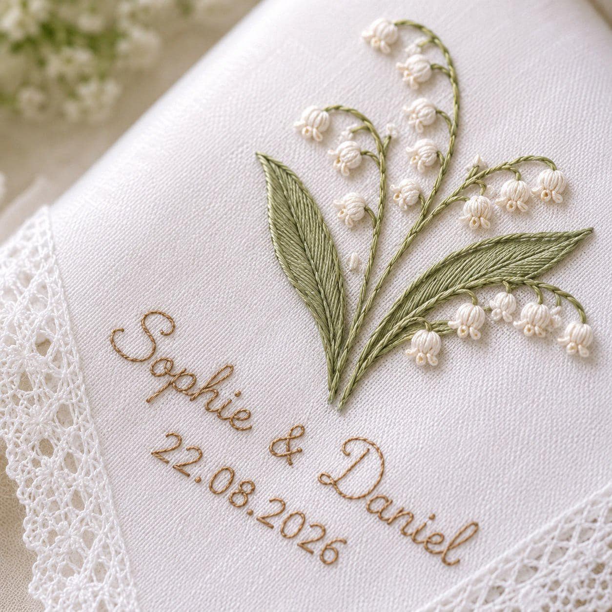 Personalized Embroidered Wedding Handkerchief – Lily of the Valley Bridal Hankie with Custom Names and Wedding Date Bride Keepsake Gift for Her