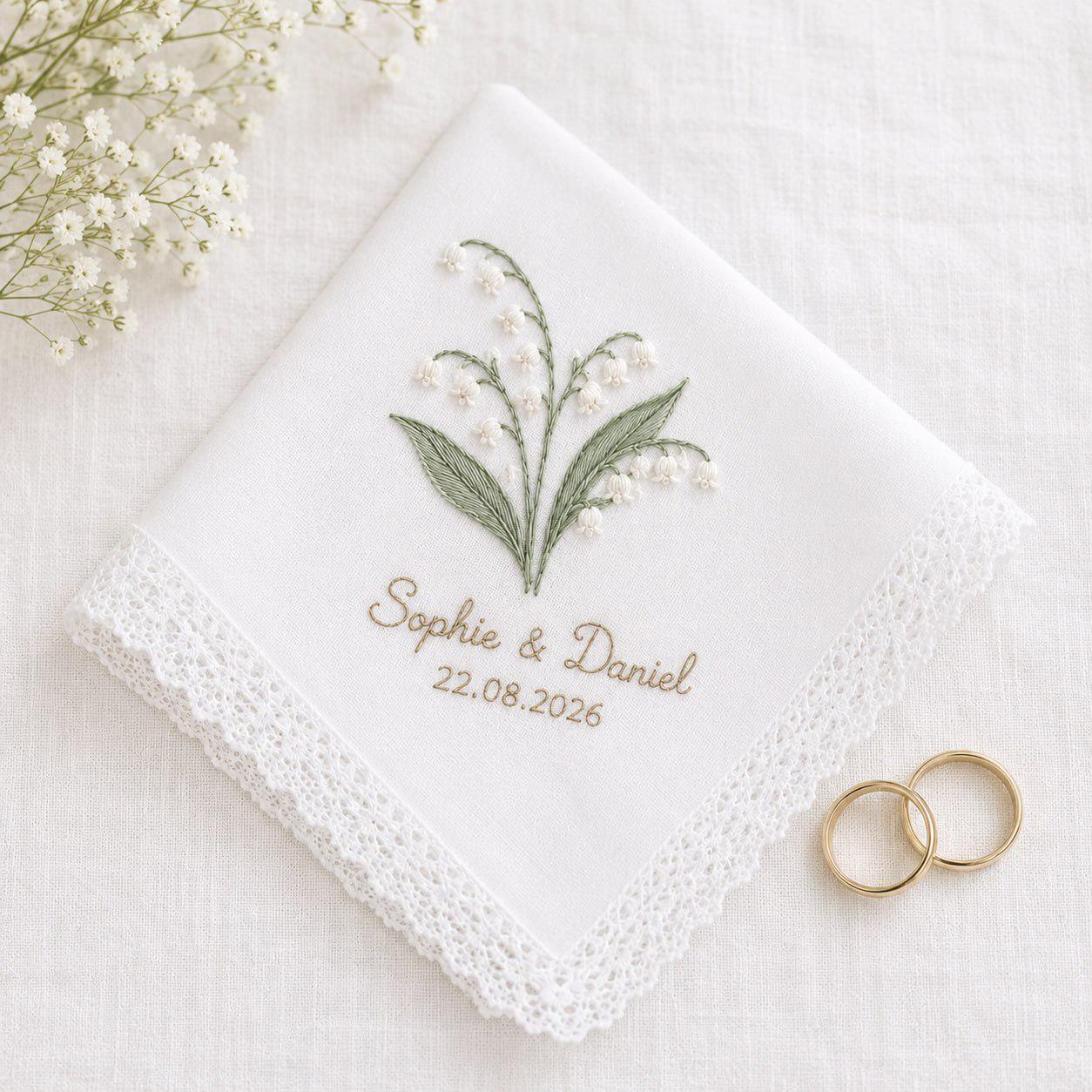 Personalized Embroidered Wedding Handkerchief – Lily of the Valley Bridal Hankie with Custom Names and Wedding Date Bride Keepsake Gift for Her - photo 3