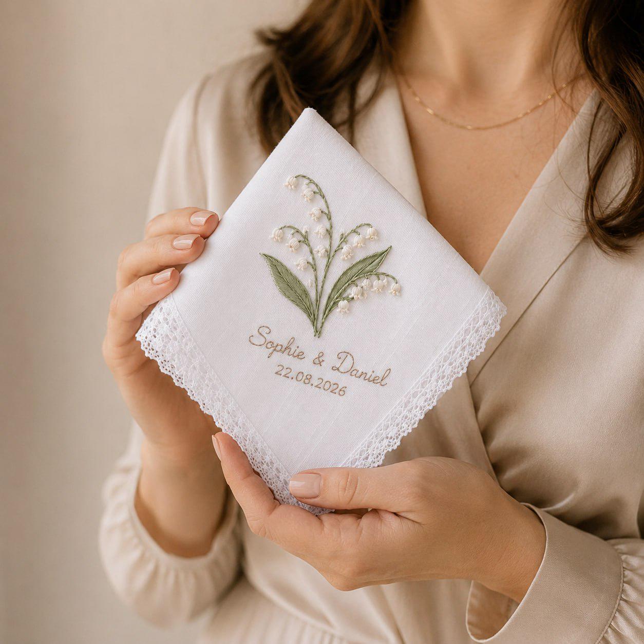 Personalized Embroidered Wedding Handkerchief – Lily of the Valley Bridal Hankie with Custom Names and Wedding Date Bride Keepsake Gift for Her - photo 4