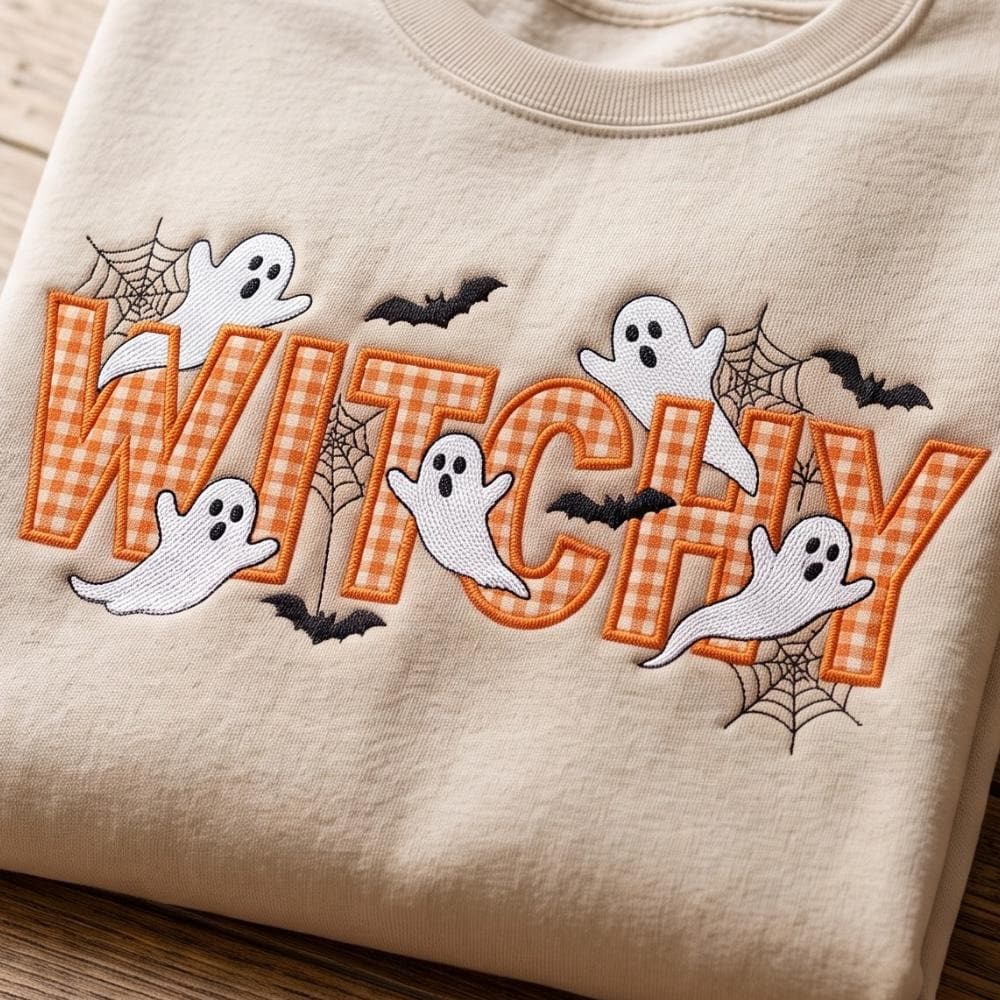Embroidered Witchy Halloween Applique Sweatshirt and Tee with Bat Witch Costume Sweater, Pumpkin, Cozy Season Shirt
