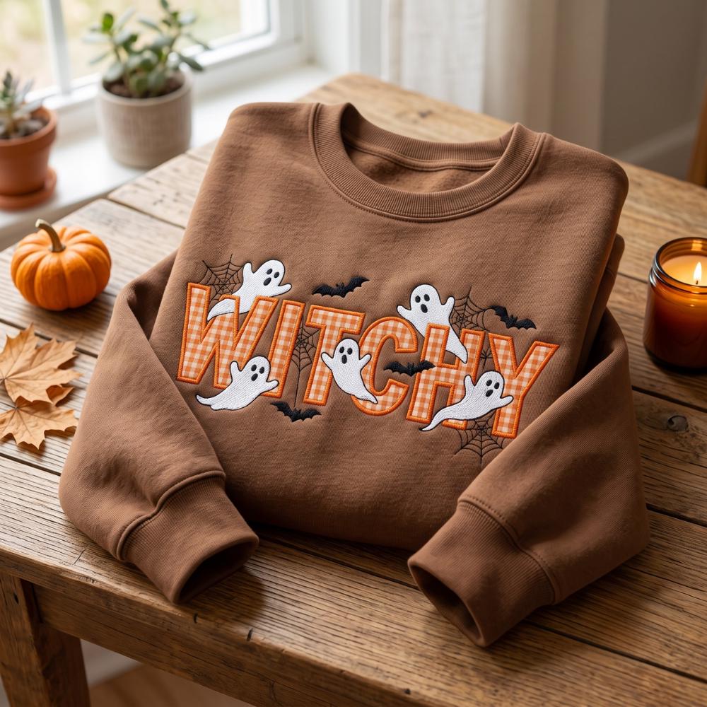Embroidered Witchy Halloween Applique Sweatshirt and Tee with Bat Witch Costume Sweater, Pumpkin, Cozy Season Shirt - photo 2