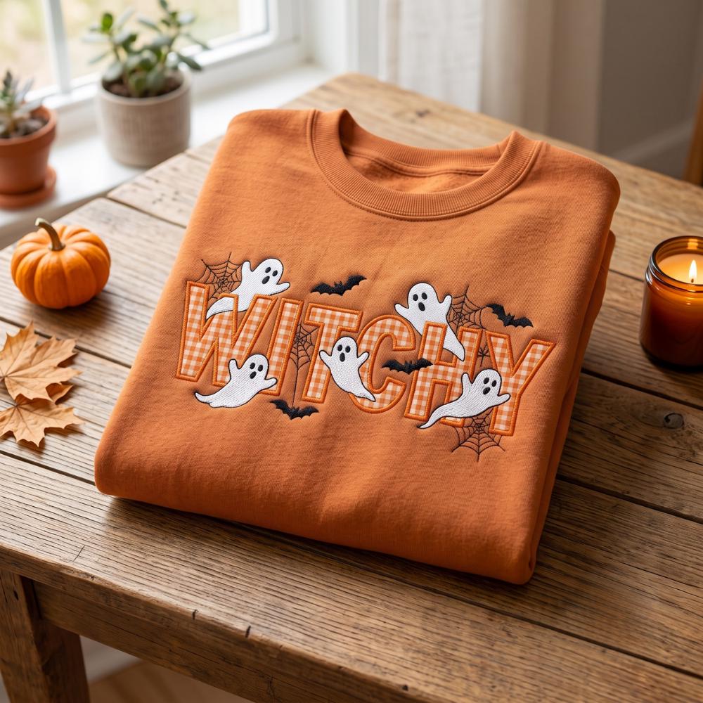 Embroidered Witchy Halloween Applique Sweatshirt and Tee with Bat Witch Costume Sweater, Pumpkin, Cozy Season Shirt - photo 3