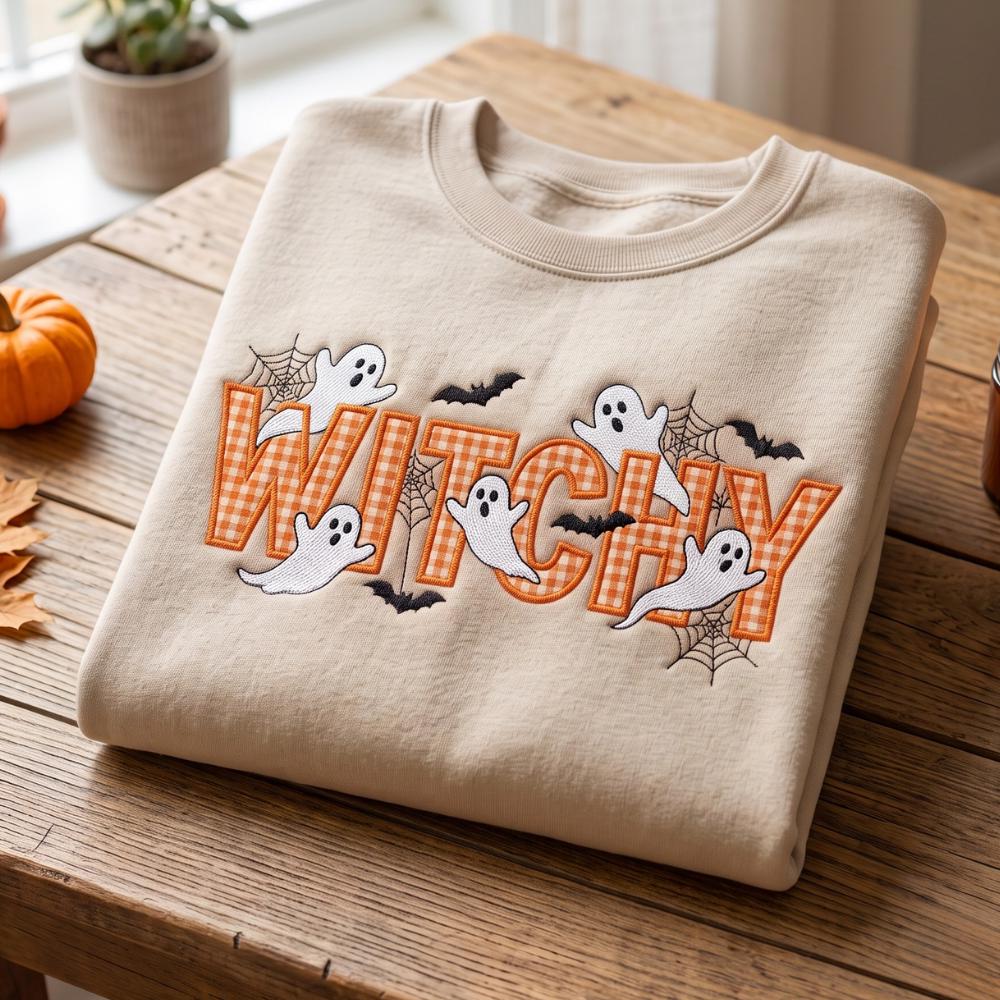 Embroidered Witchy Halloween Applique Sweatshirt and Tee with Bat Witch Costume Sweater, Pumpkin, Cozy Season Shirt - photo 4
