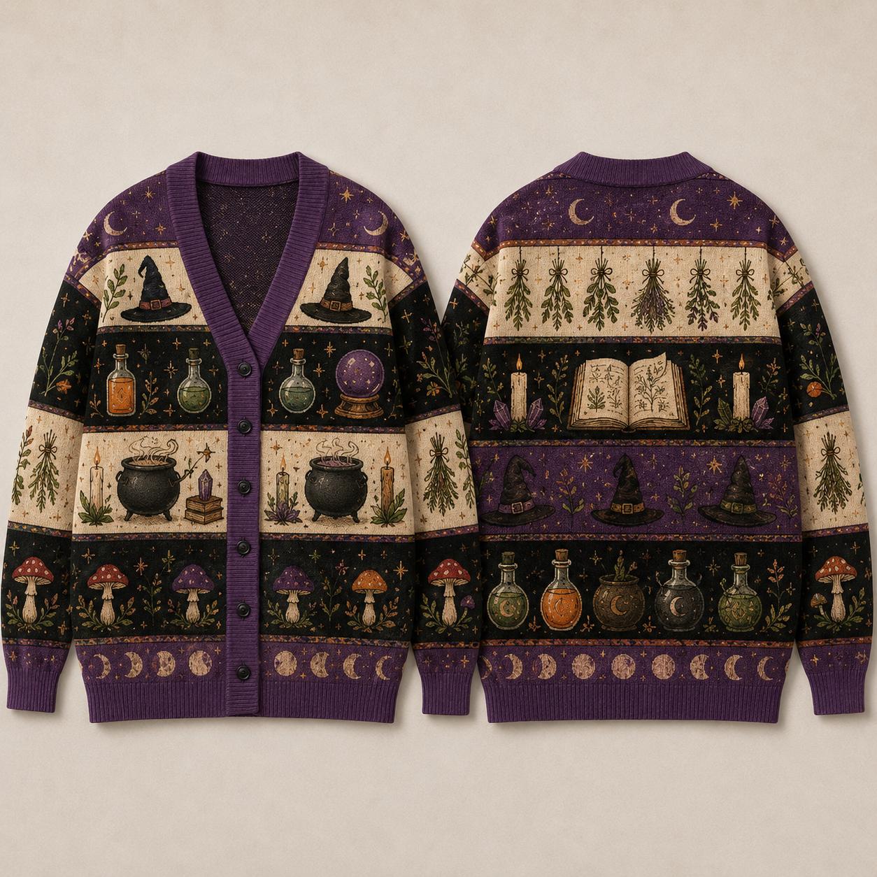 Cardigan with Halloween Witchy Raven Celestial Moon Phase Sweater and Gothic Crow Knit for Dark Academia Halloween Clothing