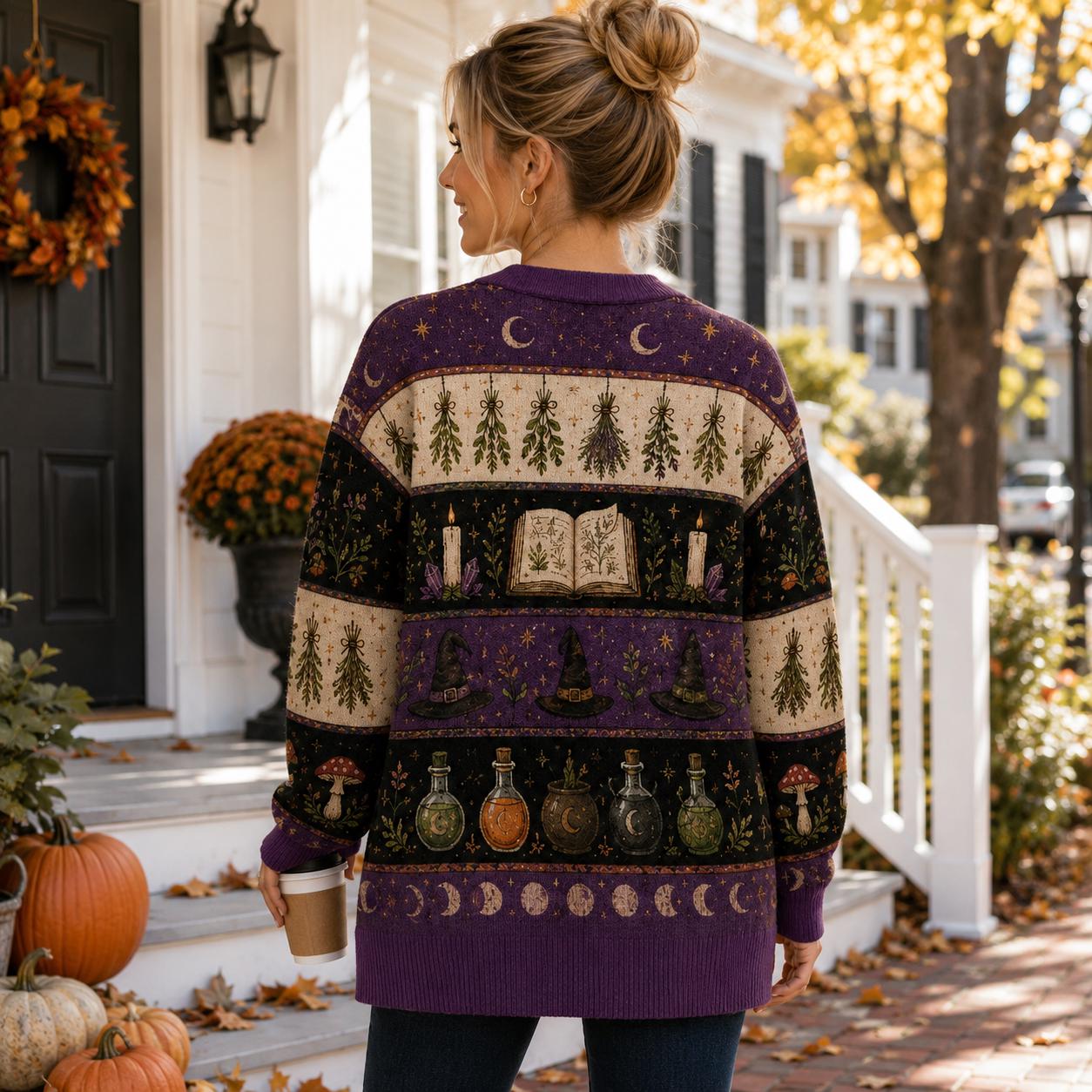 Cardigan with Halloween Witchy Raven Celestial Moon Phase Sweater and Gothic Crow Knit for Dark Academia Halloween Clothing - photo 2