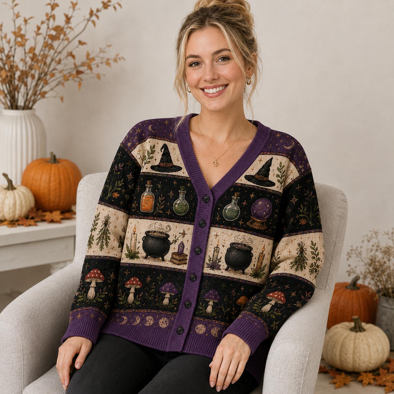 Cardigan with Halloween Witchy Raven Celestial Moon Phase Sweater and Gothic Crow Knit for Dark Academia Halloween Clothing - photo 3