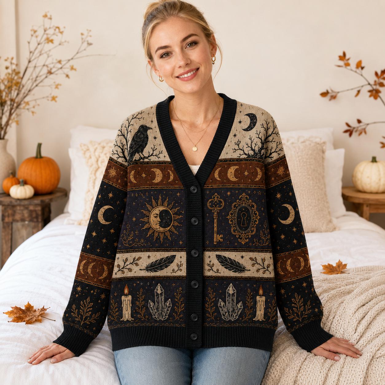 Cardigan with Halloween Witchy Raven Celestial Moon Phase Sweater and Gothic Crow Knit for Dark Academia Halloween Clothing - photo 4