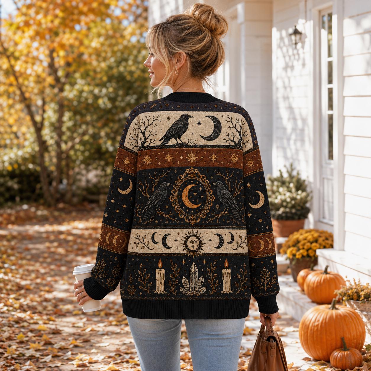 Cardigan with Halloween Witchy Raven Celestial Moon Phase Sweater and Gothic Crow Knit for Dark Academia Halloween Clothing - photo 7