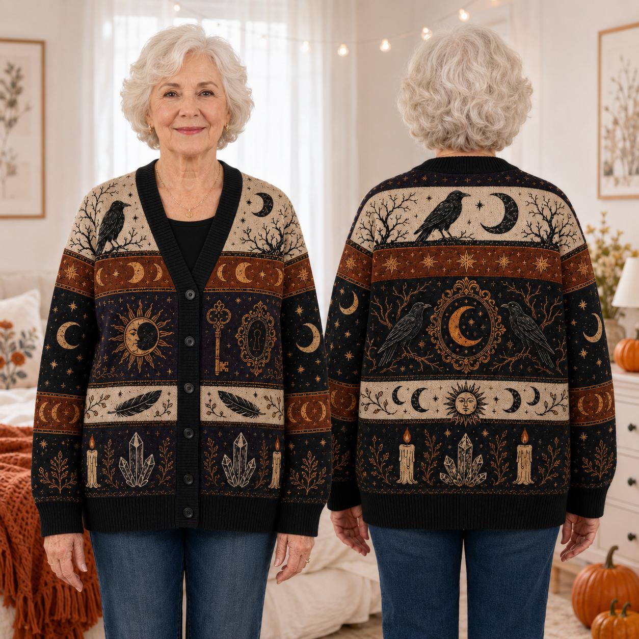 Cardigan with Halloween Witchy Raven Celestial Moon Phase Sweater and Gothic Crow Knit for Dark Academia Halloween Clothing - photo 8