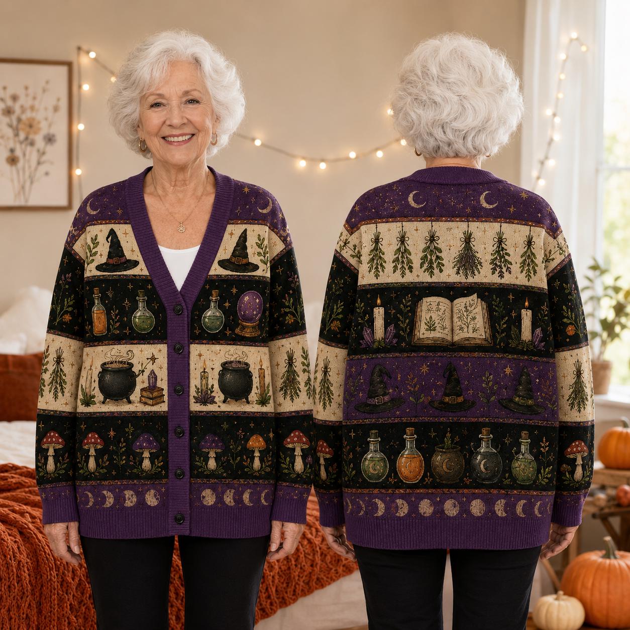 Cardigan with Halloween Witchy Raven Celestial Moon Phase Sweater and Gothic Crow Knit for Dark Academia Halloween Clothing - photo 9