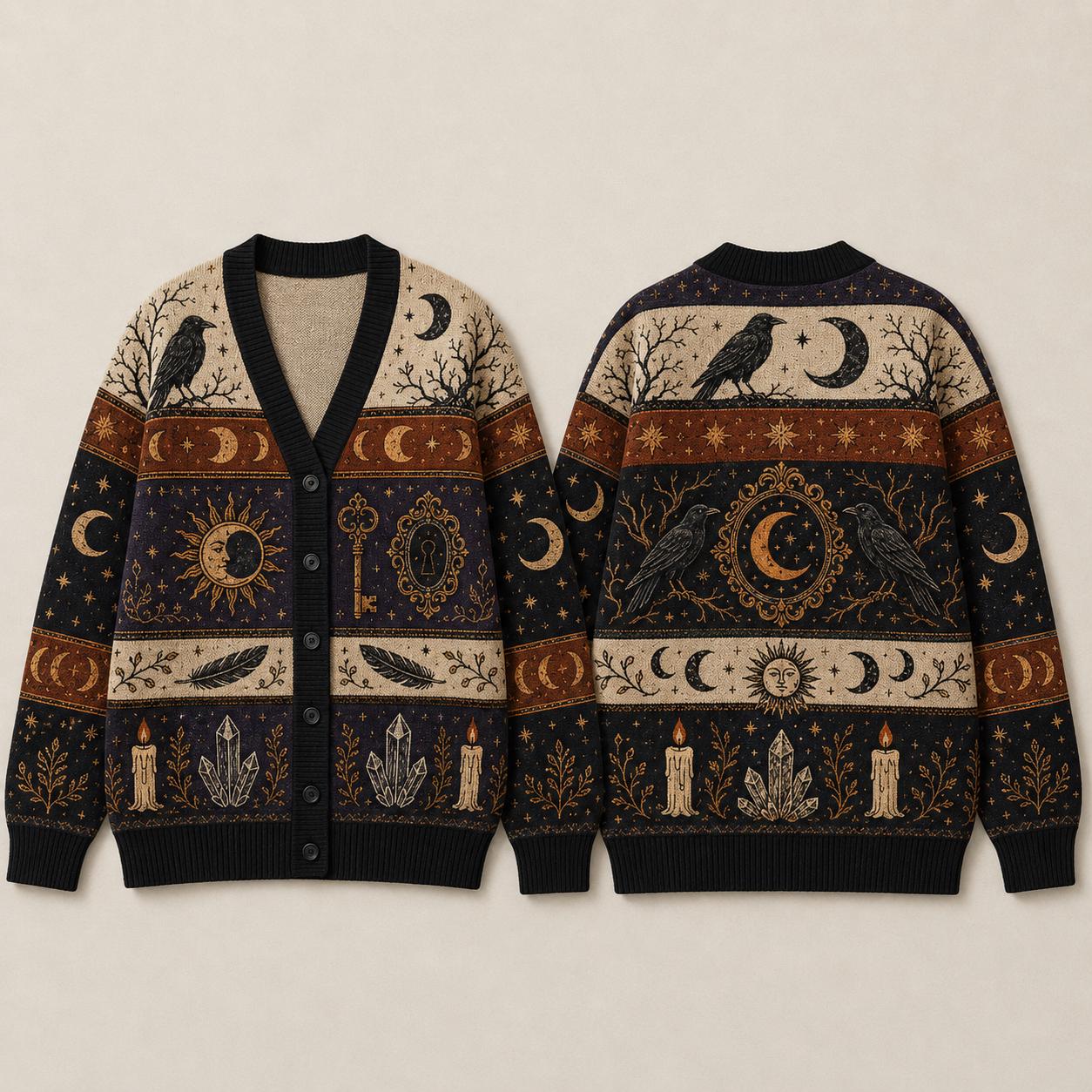 Cardigan with Halloween Witchy Raven Celestial Moon Phase Sweater and Gothic Crow Knit for Dark Academia Halloween Clothing - photo 10