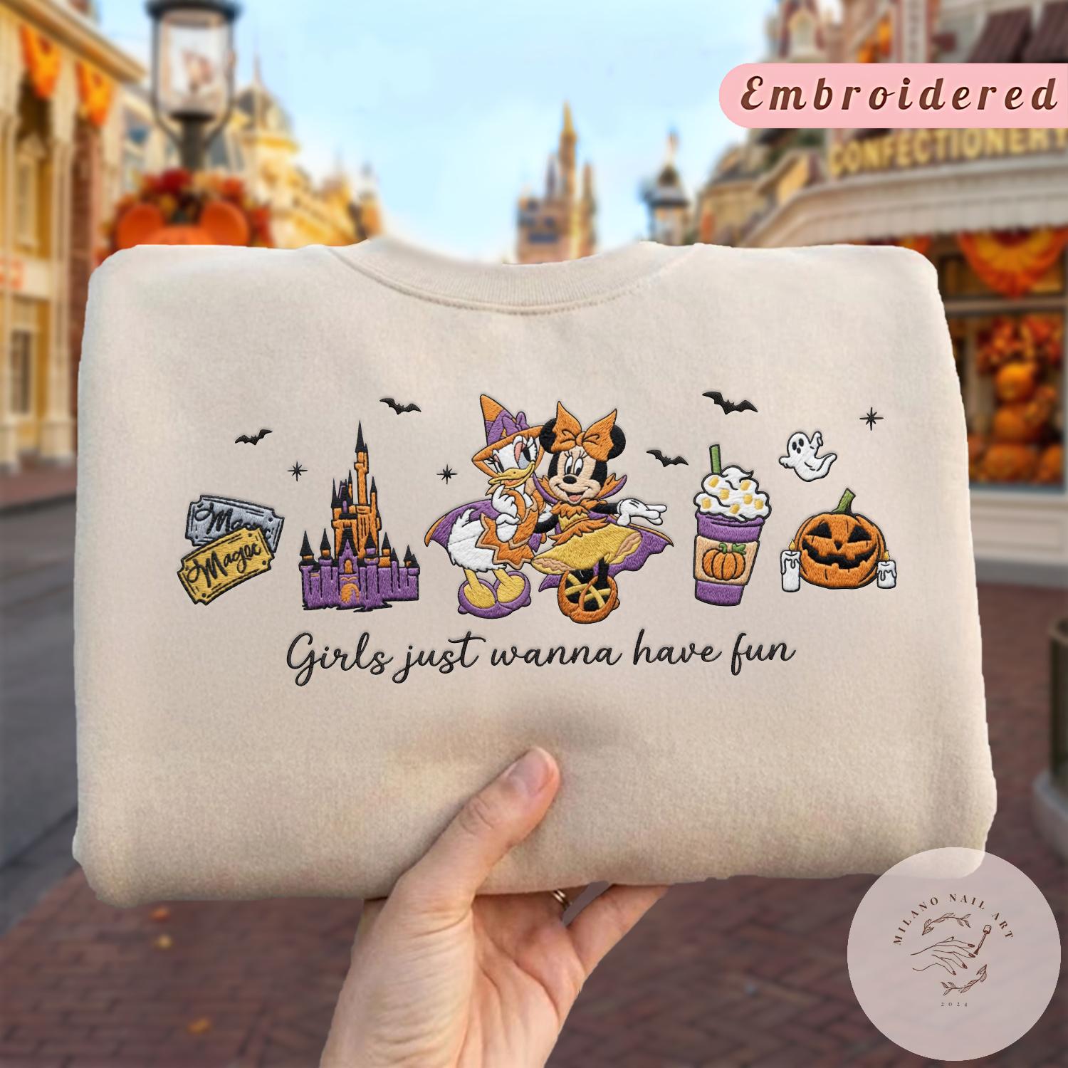 Embroidered Minnie and Daisy Halloween Girls Just Wanna Have Fun T-Shirt Baby Tee With Lace Trim Tank Top for Disney Besties Girls Trip 2026