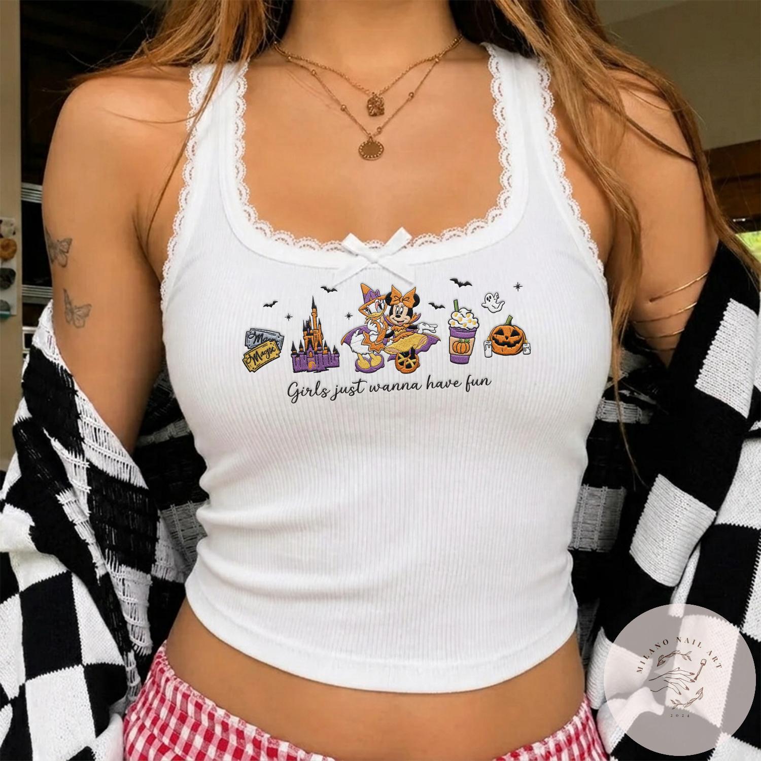 Embroidered Minnie and Daisy Halloween Girls Just Wanna Have Fun T-Shirt Baby Tee With Lace Trim Tank Top for Disney Besties Girls Trip 2026 - photo 3