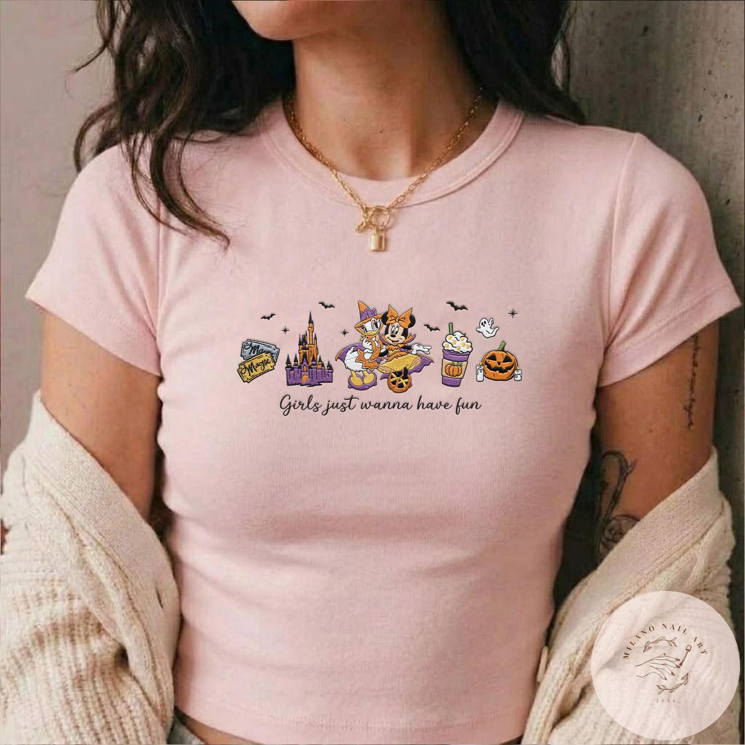 Embroidered Minnie and Daisy Halloween Girls Just Wanna Have Fun T-Shirt Baby Tee With Lace Trim Tank Top for Disney Besties Girls Trip 2026 - photo 5