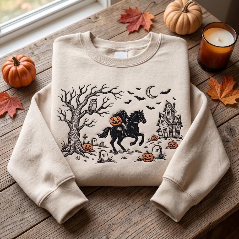 Embroidered Headless Horseman Sweatshirt and Tee with Halloween Sleepy Hollow, Spooky Season Shirt, Trick or Treat