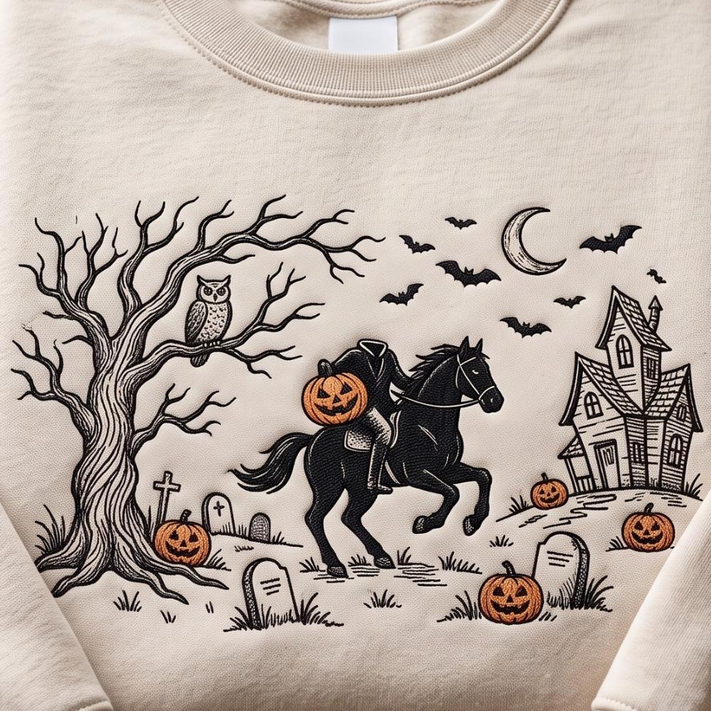 Embroidered Headless Horseman Sweatshirt and Tee with Halloween Sleepy Hollow, Spooky Season Shirt, Trick or Treat - photo 2