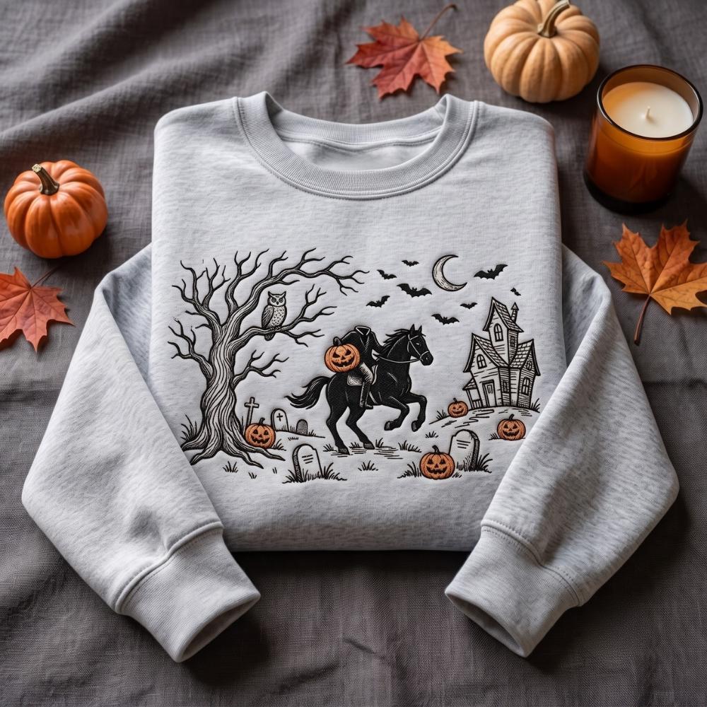Embroidered Headless Horseman Sweatshirt and Tee with Halloween Sleepy Hollow, Spooky Season Shirt, Trick or Treat - photo 3