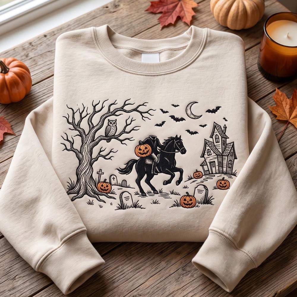 Embroidered Headless Horseman Sweatshirt and Tee with Halloween Sleepy Hollow, Spooky Season Shirt, Trick or Treat - photo 4