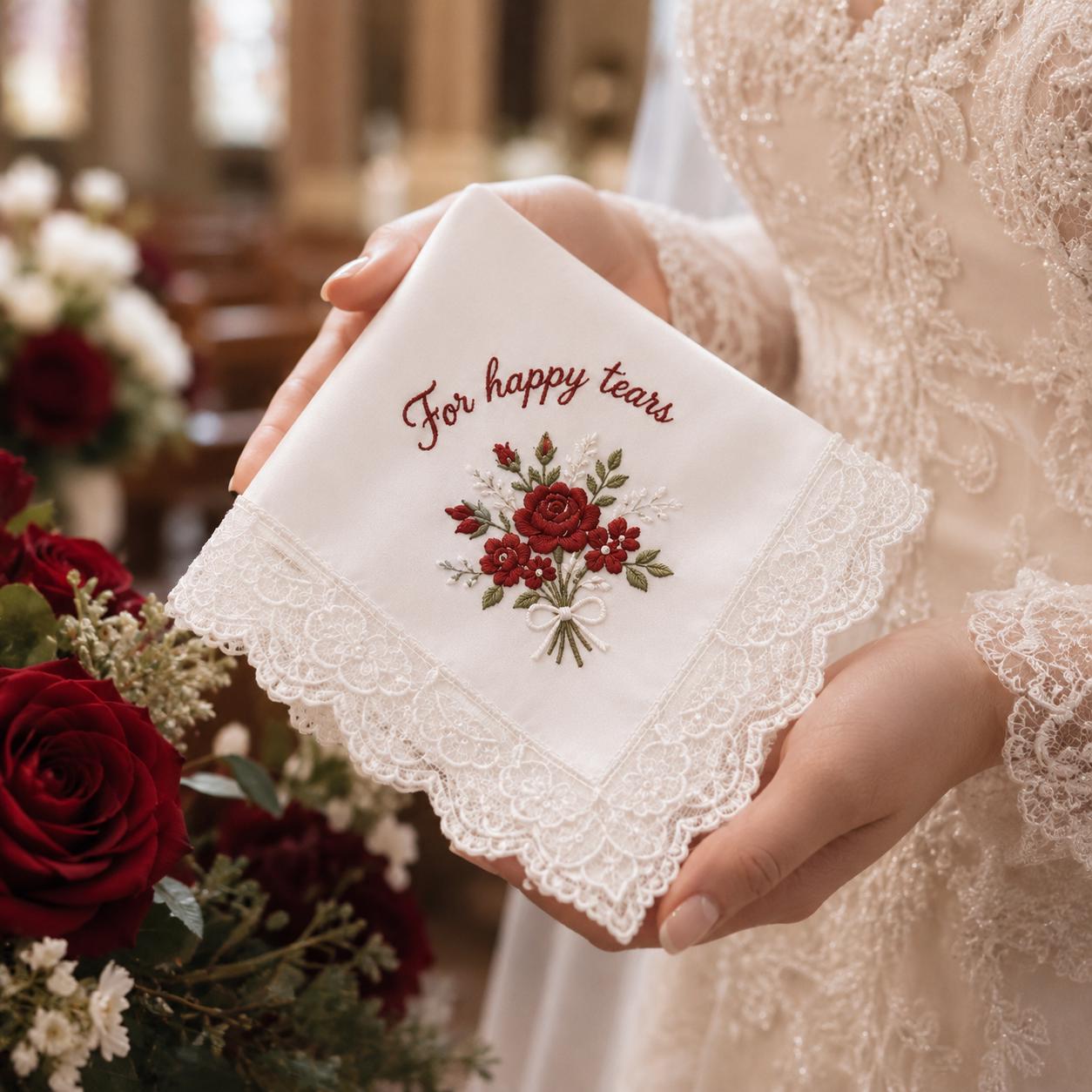 Embroidered Wedding Handkerchief, Personalized Happy Tears Bridal Hankie, Mother of the Bride and Groom Keepsake