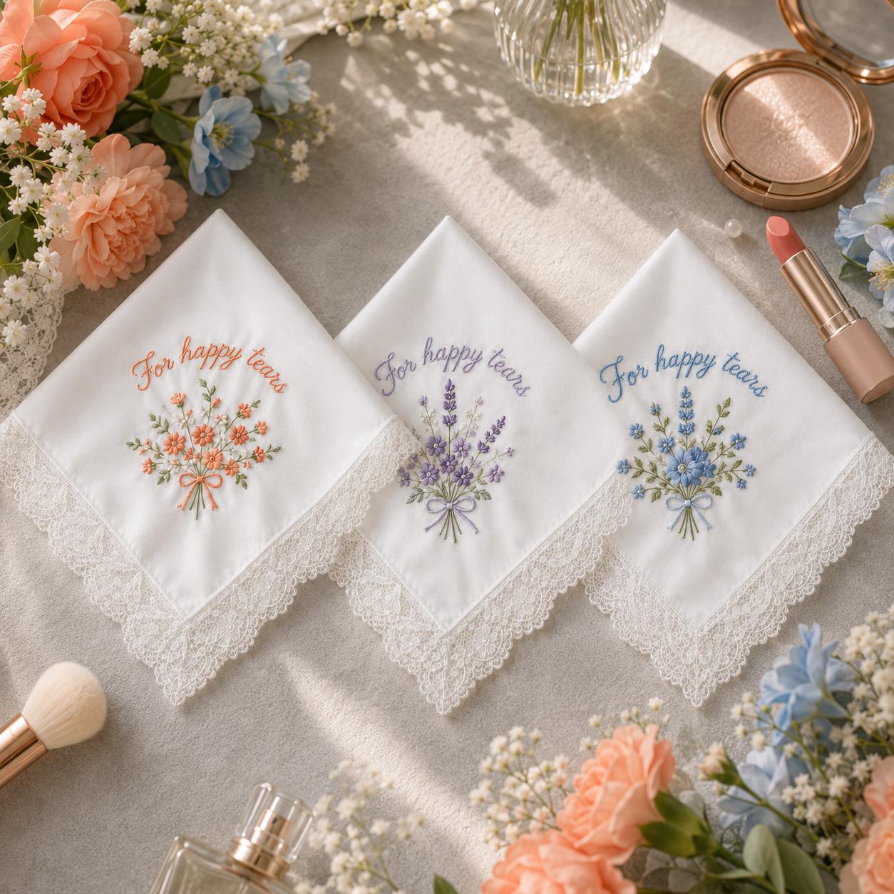Embroidered Wedding Handkerchief, Personalized Happy Tears Bridal Hankie, Mother of the Bride and Groom Keepsake - photo 2
