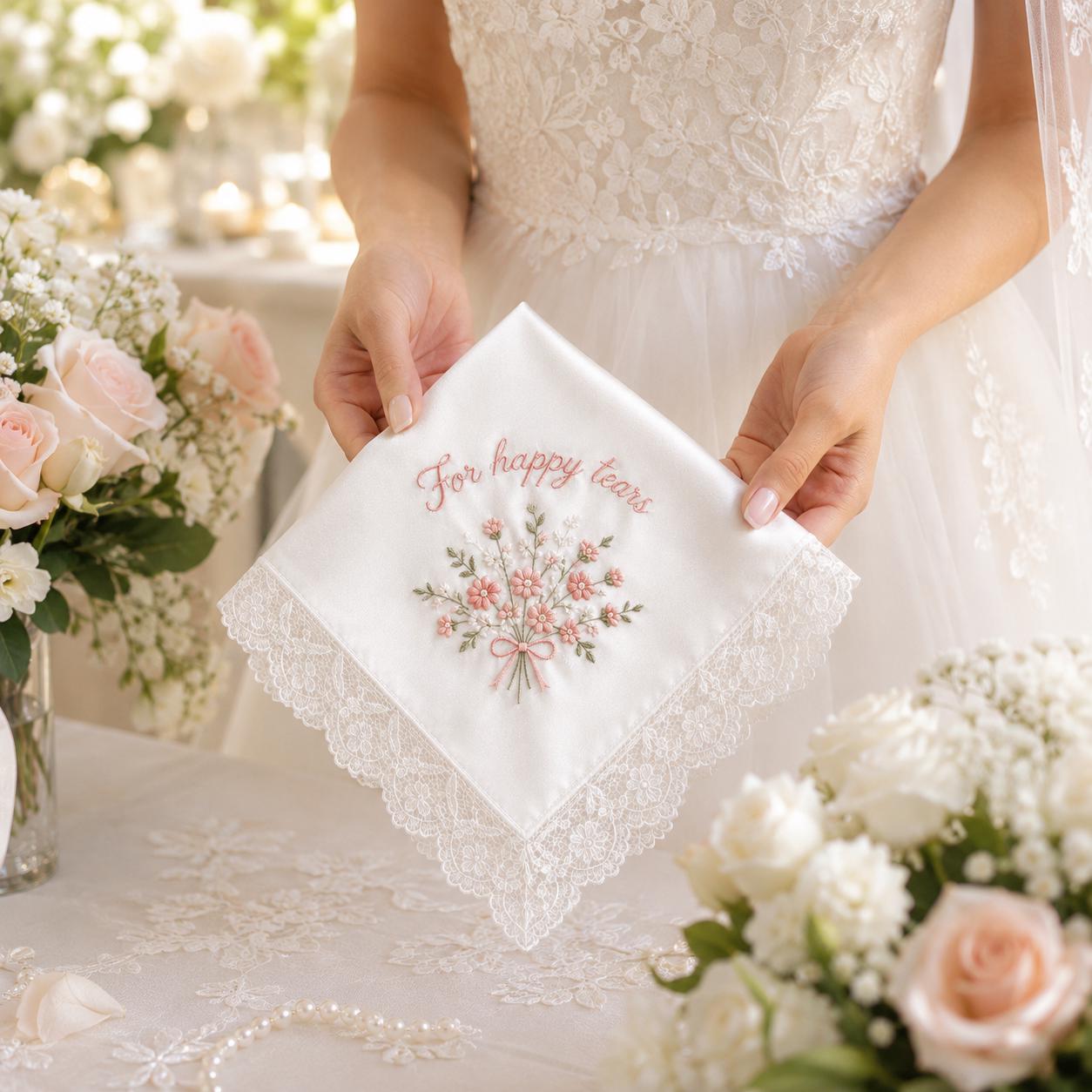 Embroidered Wedding Handkerchief, Personalized Happy Tears Bridal Hankie, Mother of the Bride and Groom Keepsake - photo 3