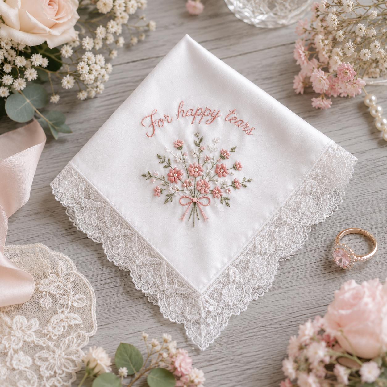 Embroidered Wedding Handkerchief, Personalized Happy Tears Bridal Hankie, Mother of the Bride and Groom Keepsake - photo 4