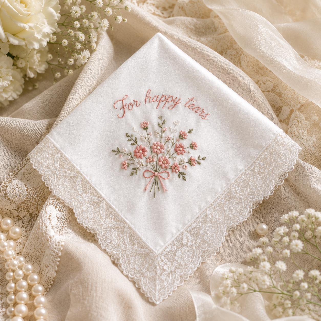 Embroidered Wedding Handkerchief, Personalized Happy Tears Bridal Hankie, Mother of the Bride and Groom Keepsake - photo 7