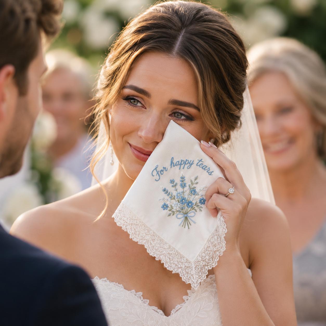 Embroidered Wedding Handkerchief, Personalized Happy Tears Bridal Hankie, Mother of the Bride and Groom Keepsake - photo 8