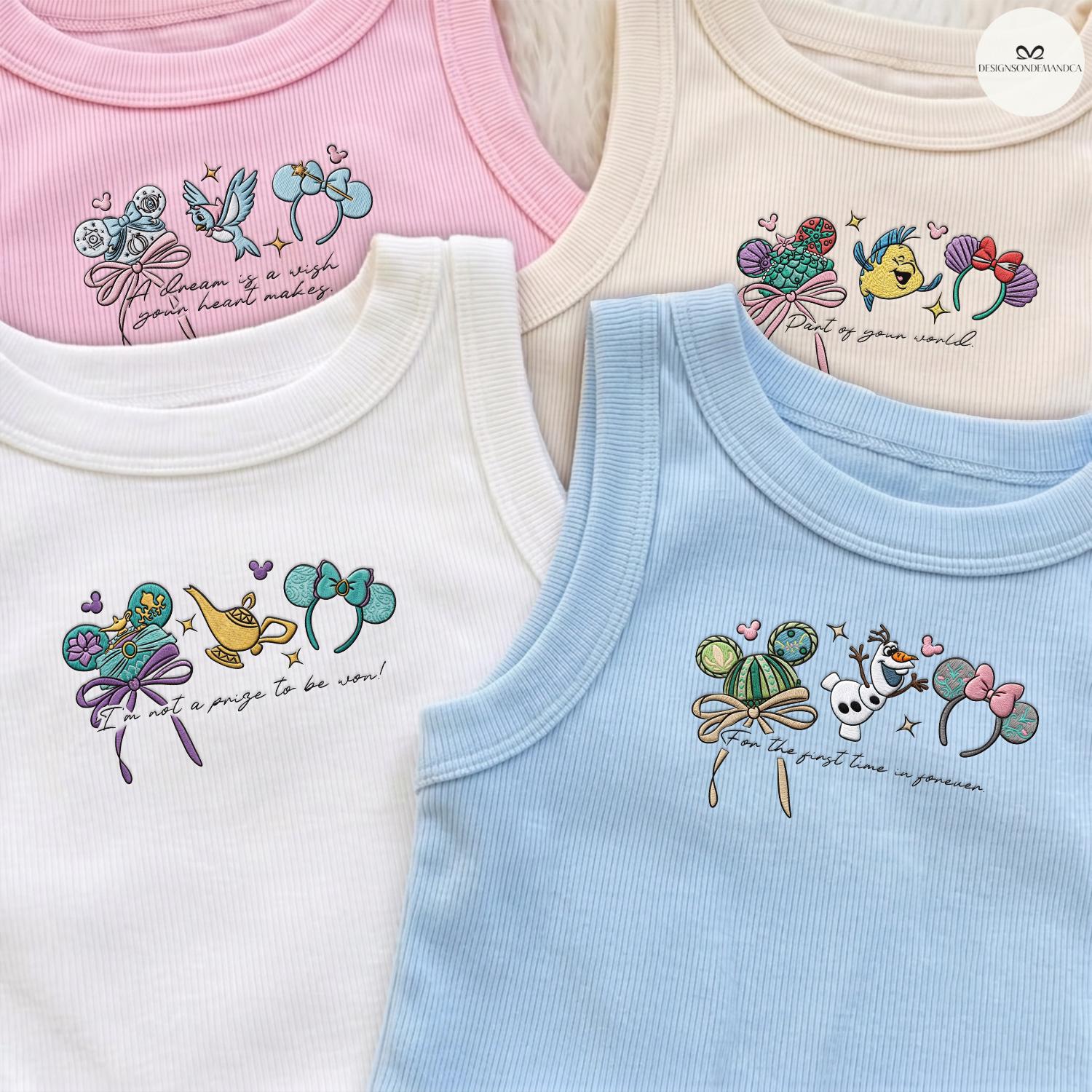 Embroidered Disney Princess Baby Tee Crop Lace Trim Tank Top With Cinderella Belle Rapunzel Ariel Snow White for WDW Disneyland Girls Trip
