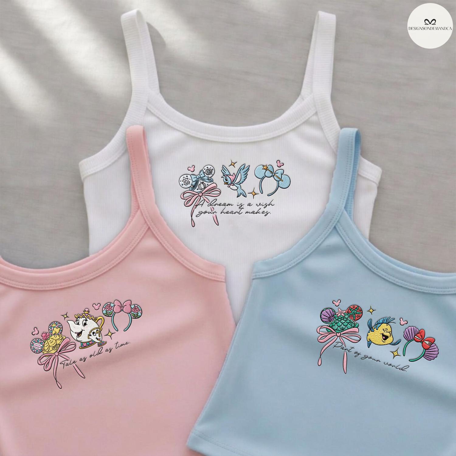 Embroidered Disney Princess Baby Tee Crop Lace Trim Tank Top With Cinderella Belle Rapunzel Ariel Snow White for WDW Disneyland Girls Trip - photo 2