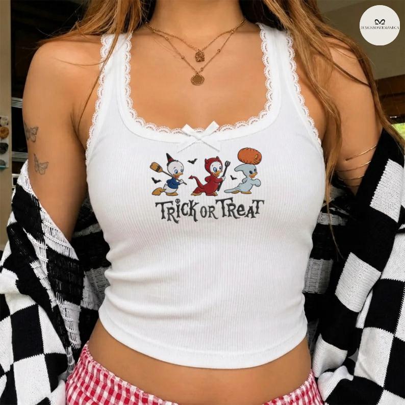 Embroidered Trick or Treat Halloween Baby Tee Crop Lace Trim Tank Top With Huey Dewey Louie for Disney Spooky Duck Outfit