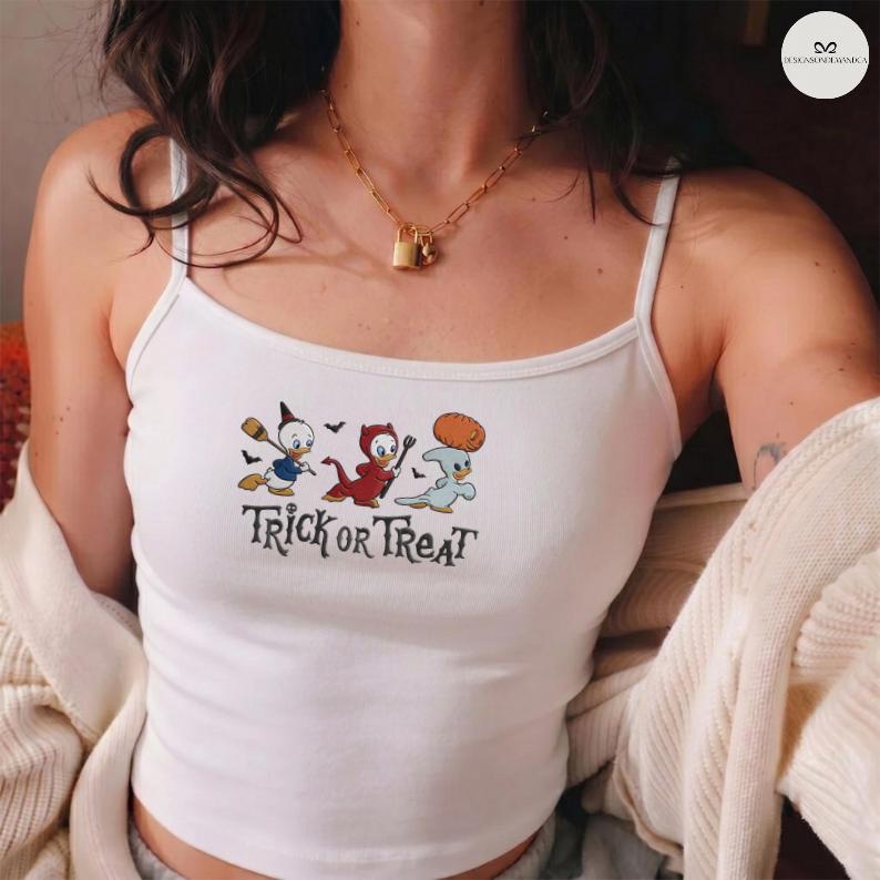 Embroidered Trick or Treat Halloween Baby Tee Crop Lace Trim Tank Top With Huey Dewey Louie for Disney Spooky Duck Outfit - photo 2