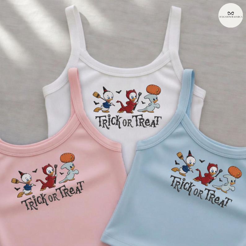 Embroidered Trick or Treat Halloween Baby Tee Crop Lace Trim Tank Top With Huey Dewey Louie for Disney Spooky Duck Outfit - photo 3