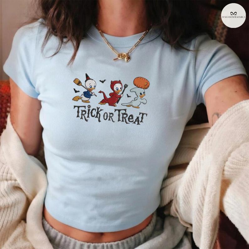 Embroidered Trick or Treat Halloween Baby Tee Crop Lace Trim Tank Top With Huey Dewey Louie for Disney Spooky Duck Outfit - photo 6