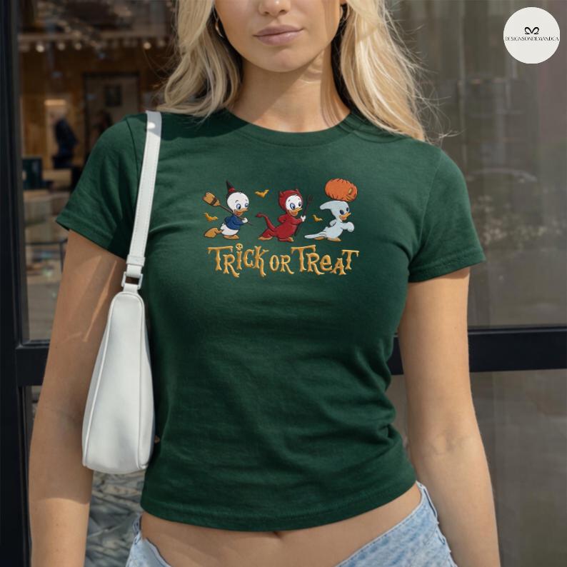Embroidered Trick or Treat Halloween Baby Tee Crop Lace Trim Tank Top With Huey Dewey Louie for Disney Spooky Duck Outfit - photo 7