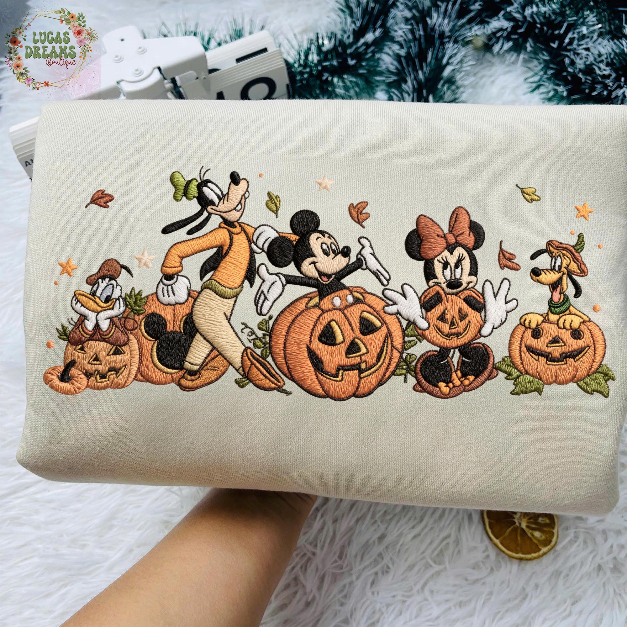 Embroidered Mickey and Friends Autumn Pumpkin Shirt With Fall Vibes for Disney Halloween Trip Tee