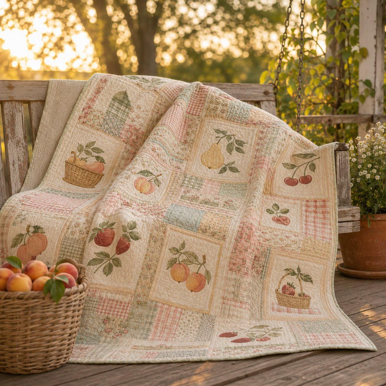 Fruit Patchwork Quilt Blanket – Vintage Floral Cottagecore Throw with Pear Peach Strawberry Farmhouse Bedding and Cozy Housewarming Gift