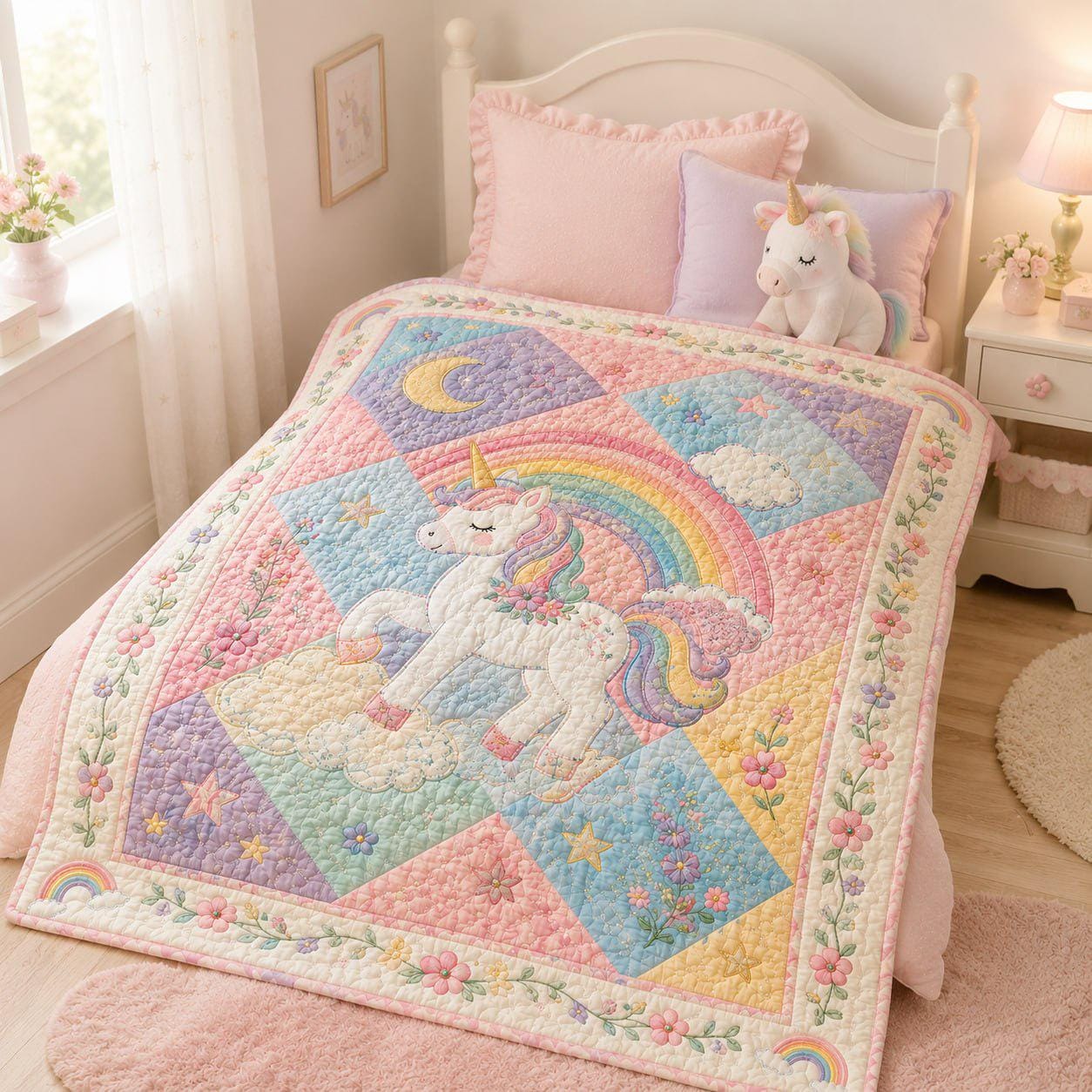 Unicorn Patchwork Style Blanket – Pastel Rainbow Floral Girls Bedding with Magical Nursery Bedspread and Birthday Gift for Kid Toddler