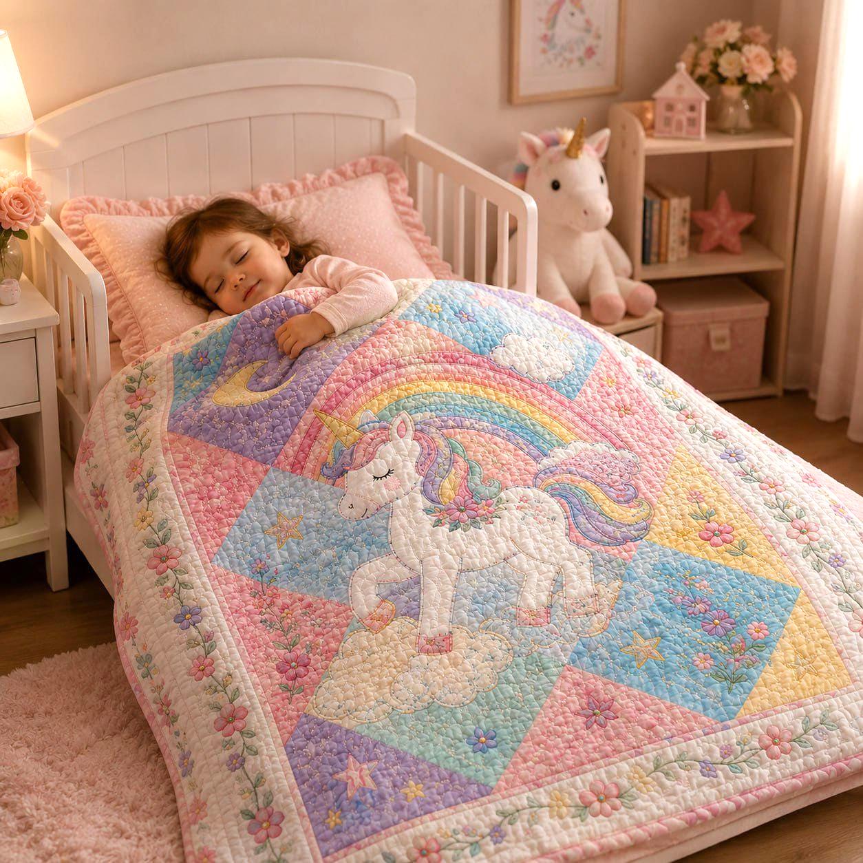Unicorn Patchwork Style Blanket – Pastel Rainbow Floral Girls Bedding with Magical Nursery Bedspread and Birthday Gift for Kid Toddler - photo 2